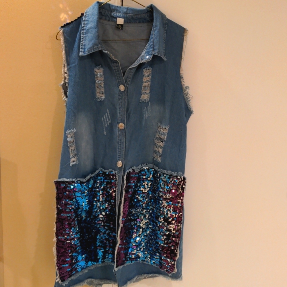 XinYaLi Distressed Sequined Denim Dress